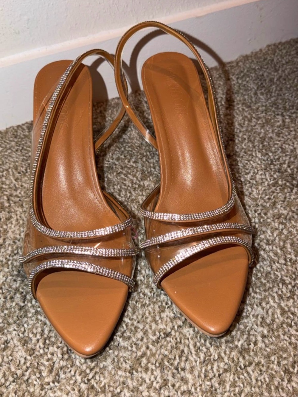 Women's Tan Slingback Heeled Sandals with Rhinestone Straps
